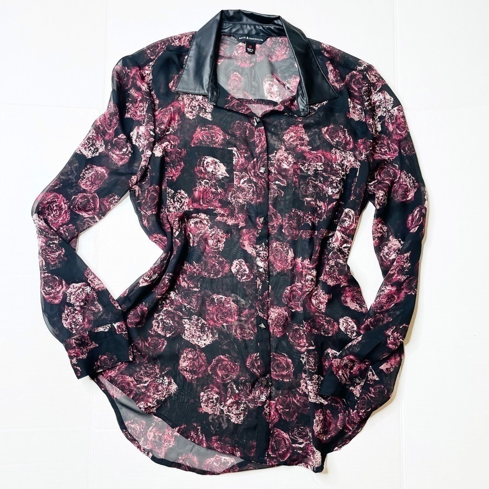 ROCK & Republic Black Floral Chiffon Leather Collar Long Sleeve Sheer Blouse M